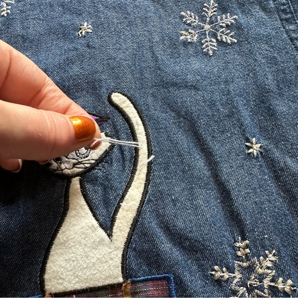 VTG Christmas Cats Denim Button Front Long Sleeve Dress Shirt - Picture 3 of 7